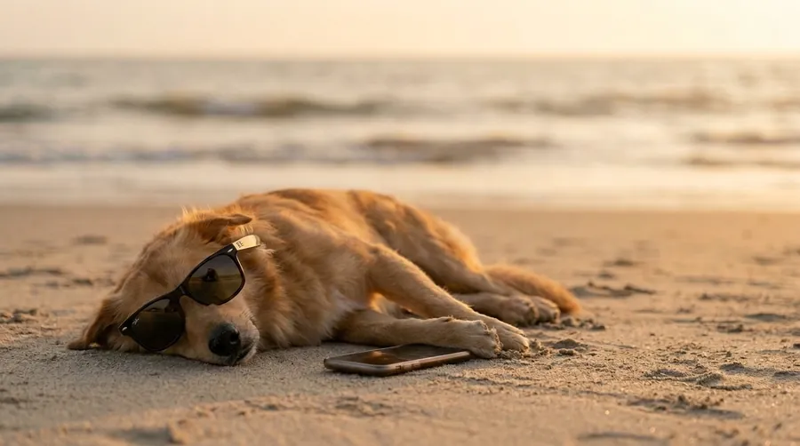 Twix deitado na areia da praia ao pôr do sol, de óculos escuros, com o celular de tela apagada ao lado dele